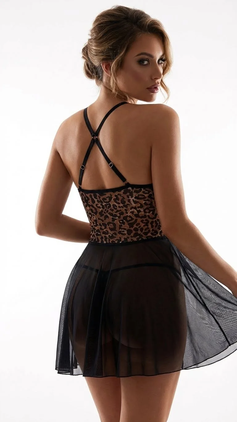 LunaIntim Leopar Detaylı Dantel Babydoll Transparan Tül Etekli Mini Gecelik - Model Üzerinde